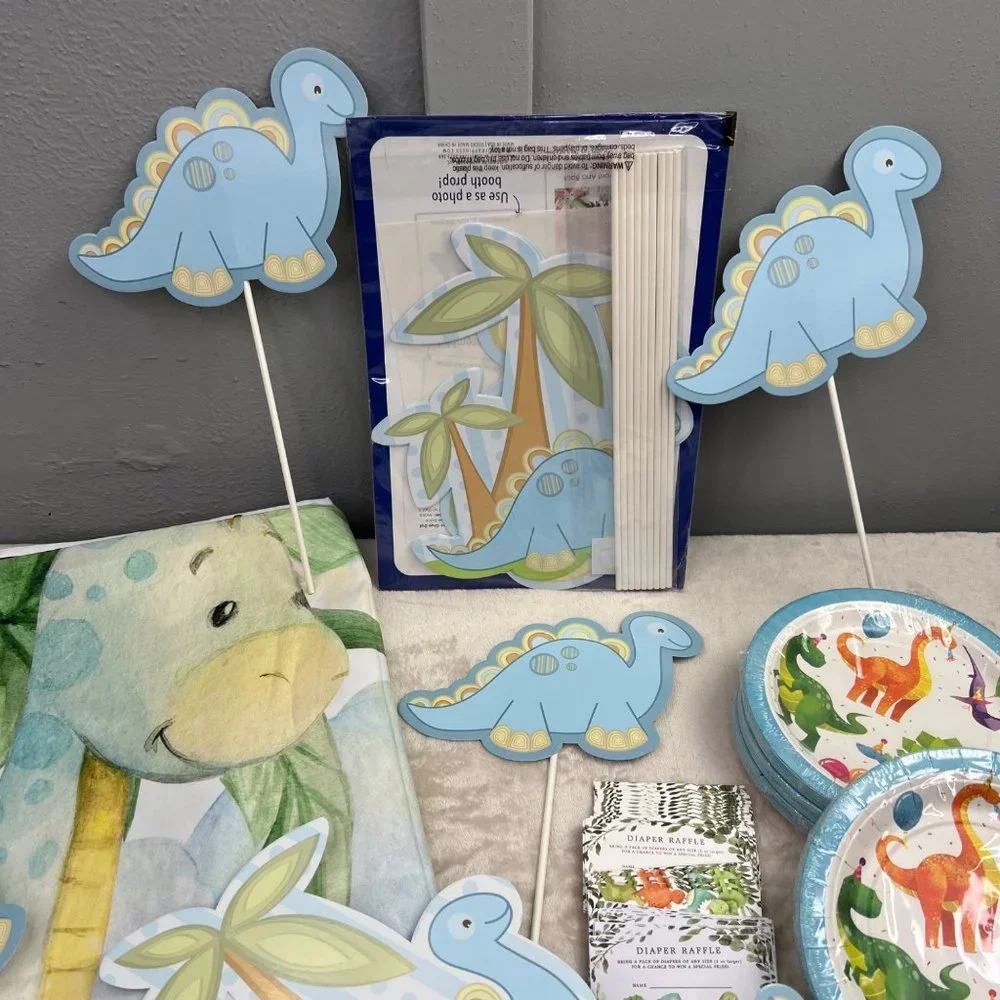 Baby Shower Dinosaur Decorations Lot Diaper Raffle Photo Backdrop Balloons Plate